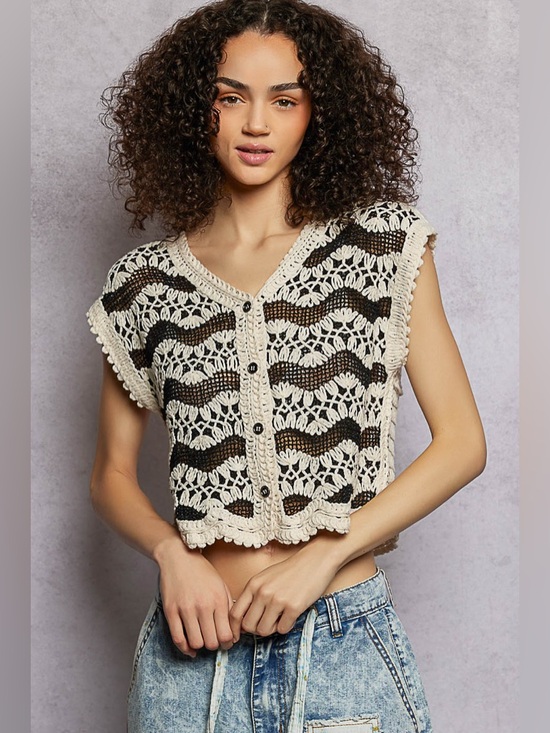 POL Sweaters - POL Crochet Button-Down Vest with Scalloped Edges